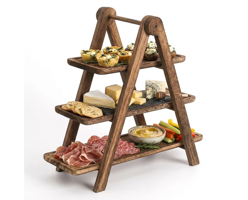 Serving Tray Stand - 3-Tier Foldable - Natural Wood