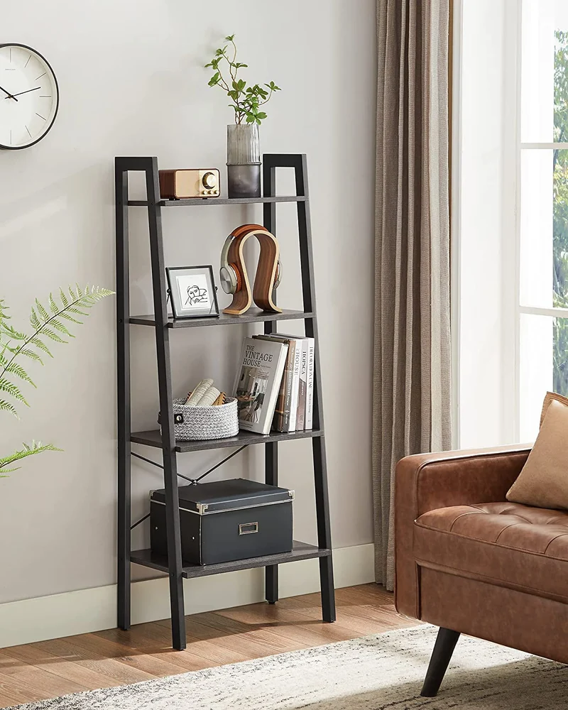 VASAGLE 4-Tier Ladder Shelf Ladder Bookshelf Bookcase Storage Rack with Steel Frame Charcoal Gray and Black