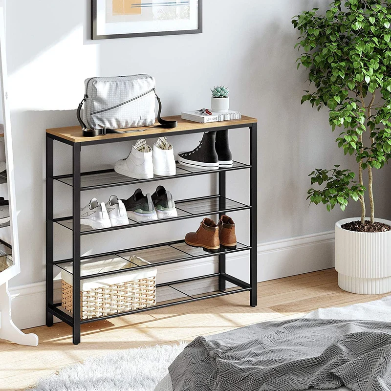 VASAGLE Shoe Rack 5-Tier Shoe Storage Organizer 16-20 Pairs for Closet with 4 Mesh Shelves and Large Top for Bags Brown and Black