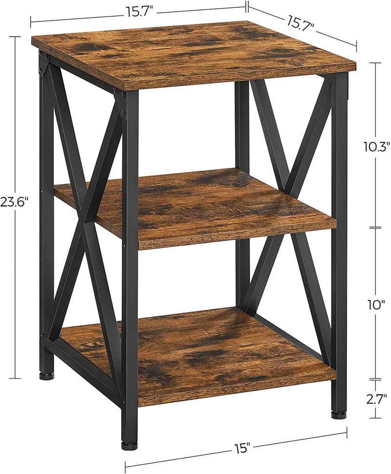VASAGLE Side Table, Nightstand, End Table with 2 Storage Shelves, Rustic Brown