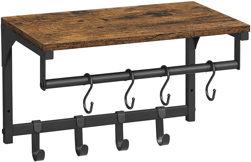VASAGLE Laundry Room Shelf Wall Mounted, Coat Rack Shelf, with 8 Removable Hooks