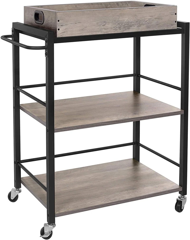 VASAGLE Bar Cart, Kitchen Serving Cart, Utility Cart with Wheels and Handle, Rustic Brown and Black