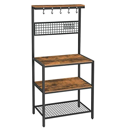 VASAGLE ALINRU Kitchen Bakers Rack Cupboard with 10 Hooks, 3 Shelves, Industrial, Rustic Brown