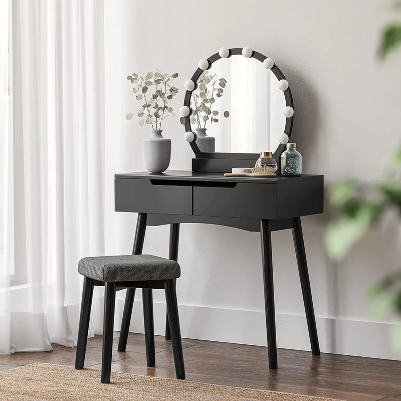 VASAGLE Makeup Vanity Set with mirror, With 10 Light Bulbs, Bedroom, Modern, Black