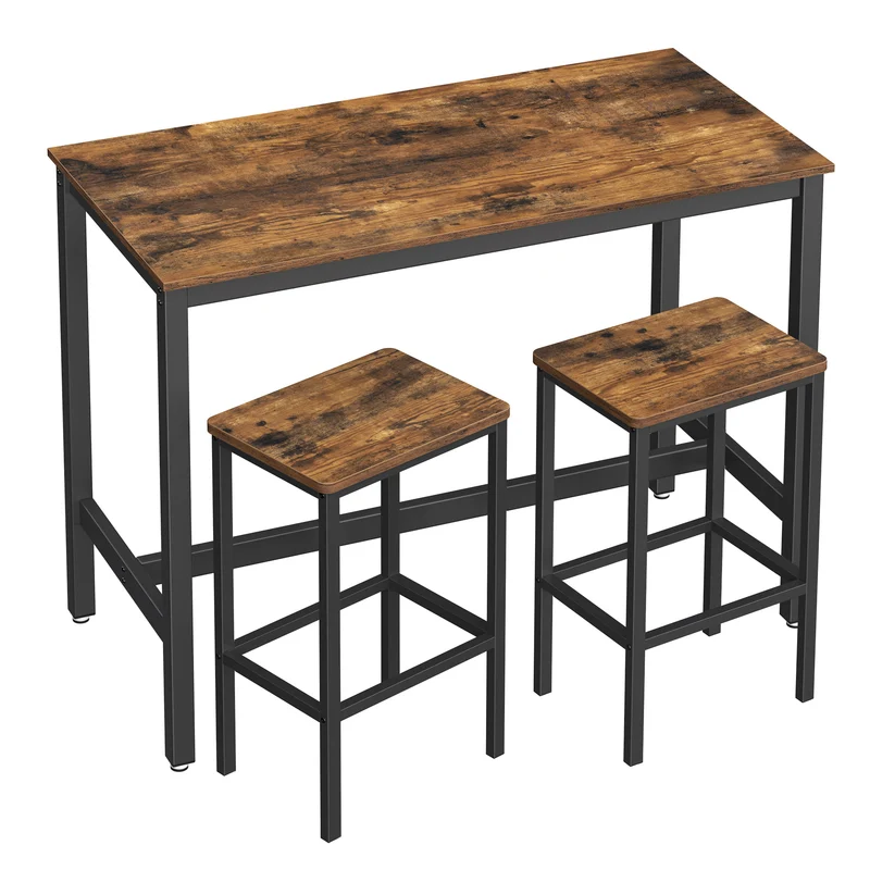 Vasagle Bar Table Set, Wood & Metal Dining Table with 2 Bar Stools, Brown