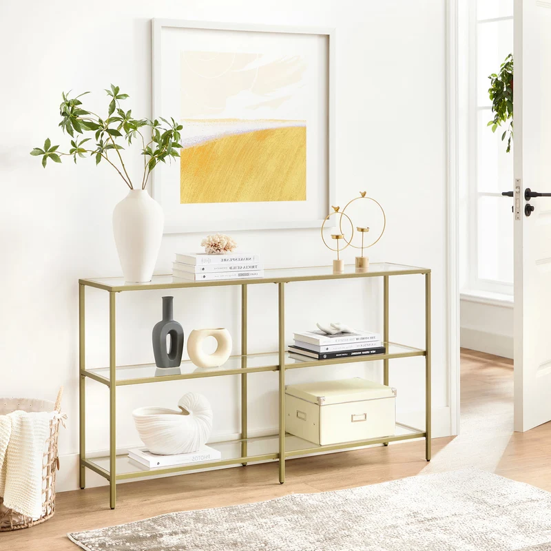 Vasagle Console Table with 3 Shelves, Metal Frame Tempered Glass Shelf, Gold