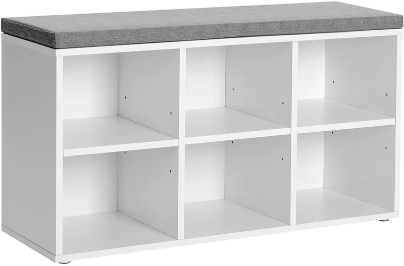VSAGLE Shoe Bench with 6 Compartments and 3 Adjustable Shelves for Entryway White + Gray