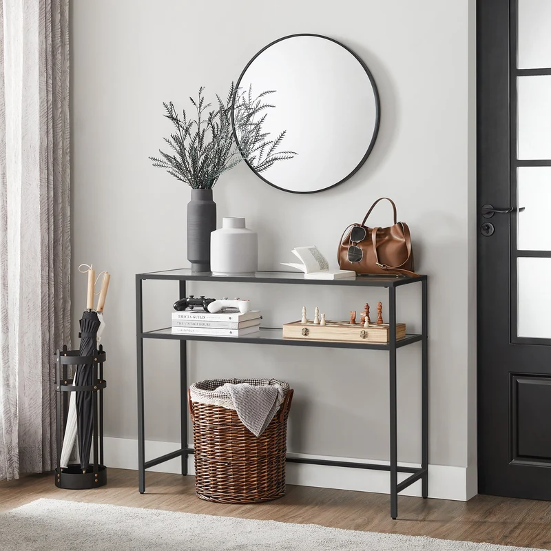 VASAGLE 39.4 Console Table Glass Table Entryway Table with 2 Shelves, Steel Frame Black