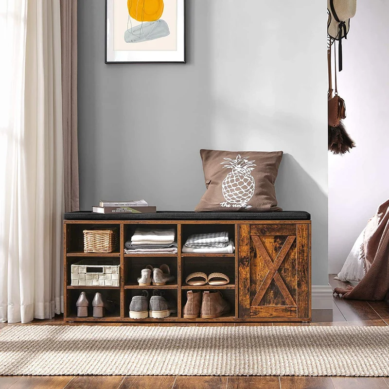 VASAGLE Storage Bench with Cupboard and 9 Open Compartments Rustic Brown