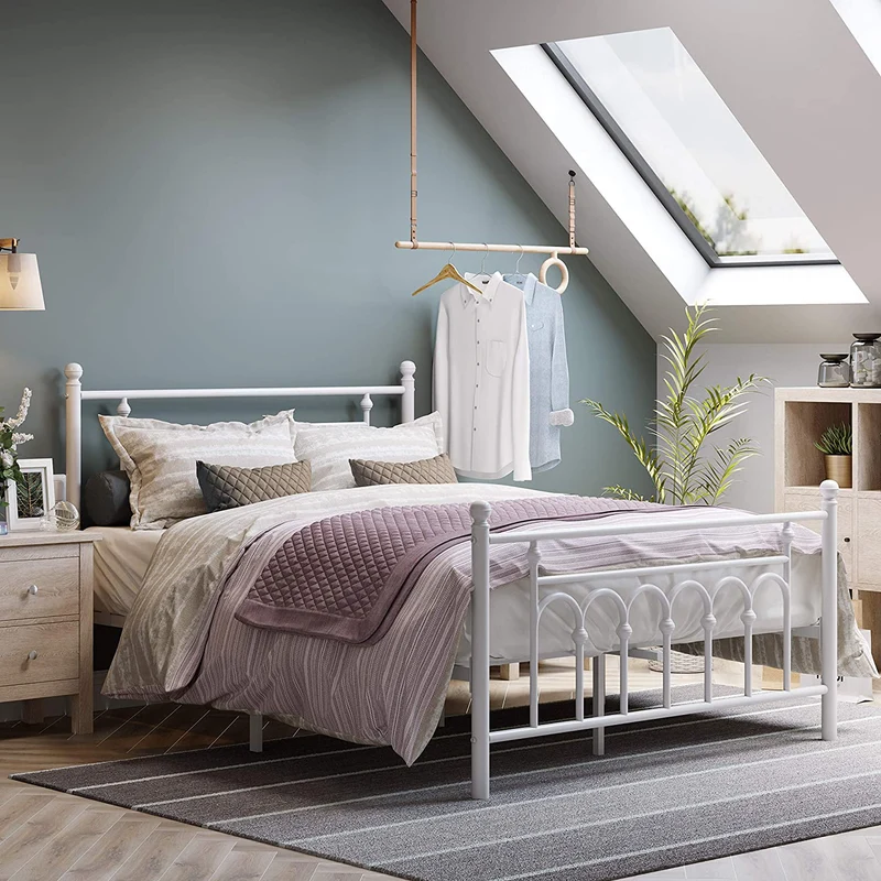 Vasagle Queen Size Metal Bed Frame with Headboard, Footboard, No Box Spring Needed, White