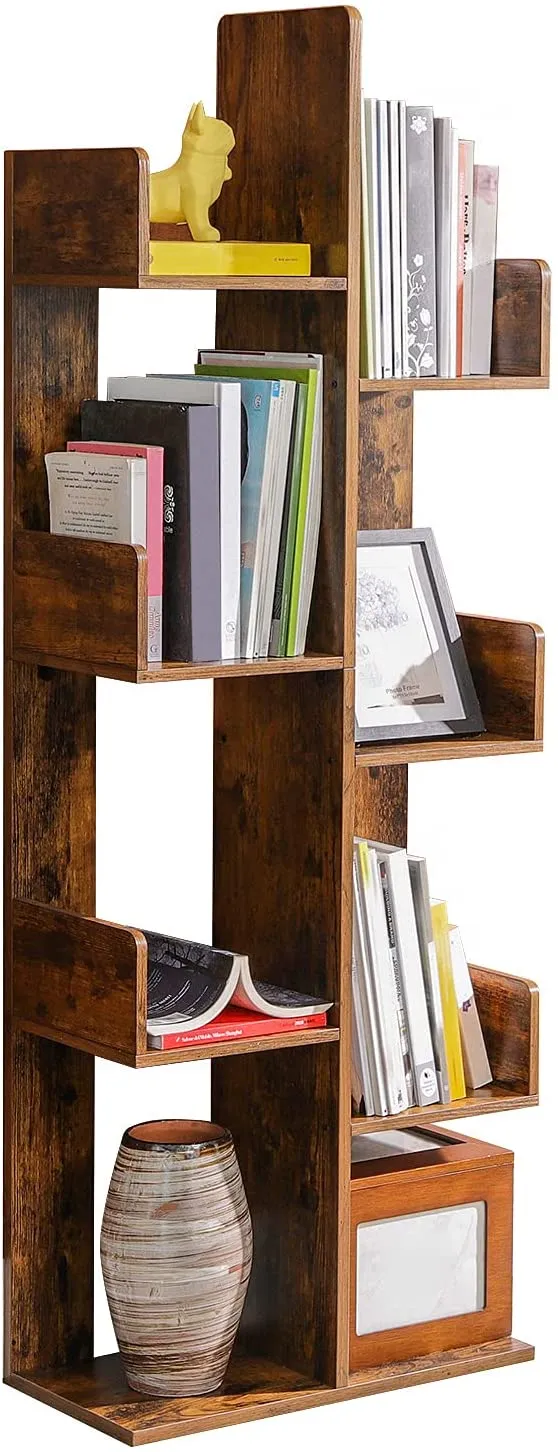 VASAGLE Bookcase, Tree-Shaped Bookshelf with 8 Storage Shelves, Rustic Brown