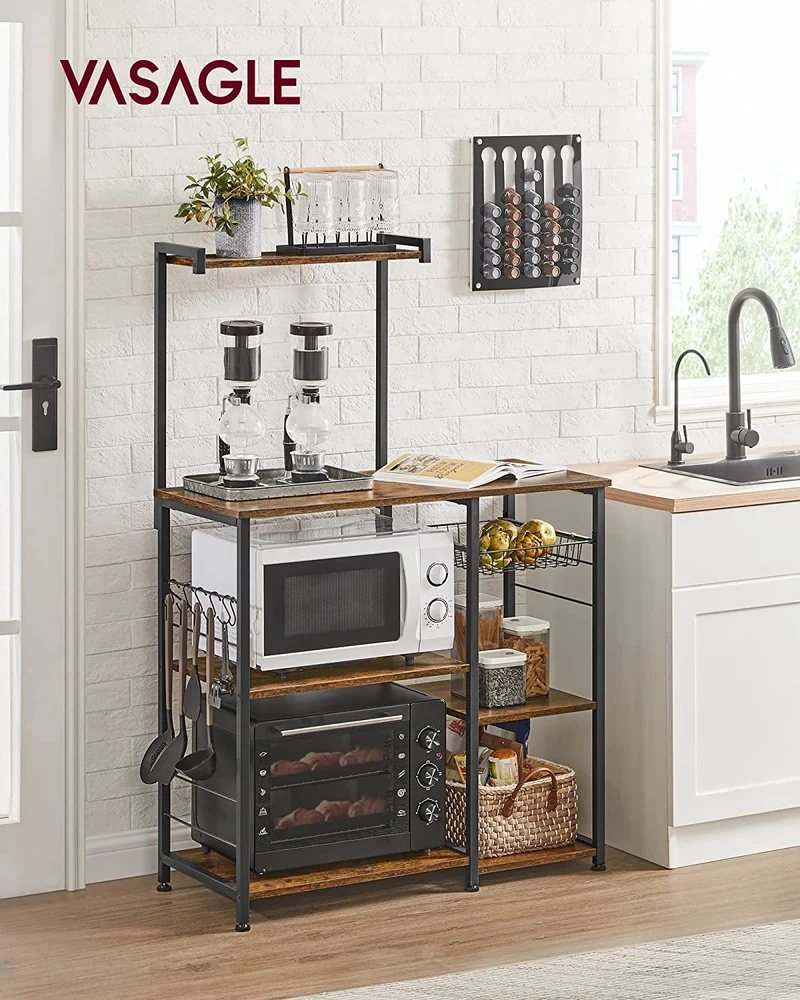 VASAGLE Baker's Rack with Wire Basket, 6 S-Hooks, Rustic Brown and Black