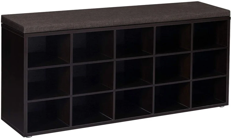 VASAGLE Shoe Rack Bench with Cushion 15-Cube Storage Bench Storage Cabinet for Entryway Espresso