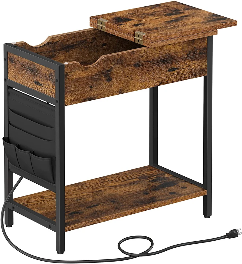 VASAGLE End Table with Charging Station,Nightstand with USB Ports and Outlets,Rustic Brown + Black