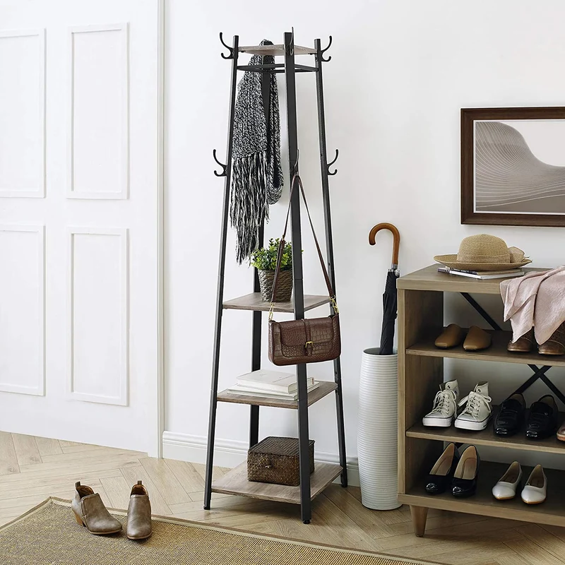 VASAGLE Coat Rack, with 3 Shelves, Greige and Black