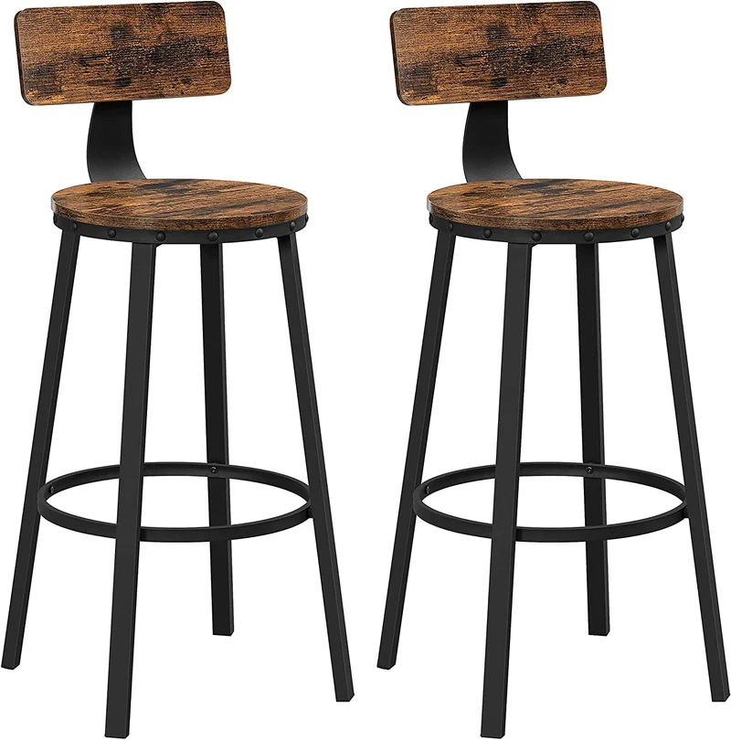 VASAGLE Tall Bar Stools, Set of 2 Bar Chairs, Industrial Rustic Brown and Black