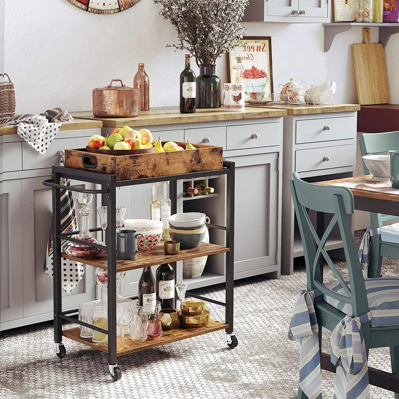VASAGLE Bar Cart, Kitchen Serving Cart, Rusic Brown and Black