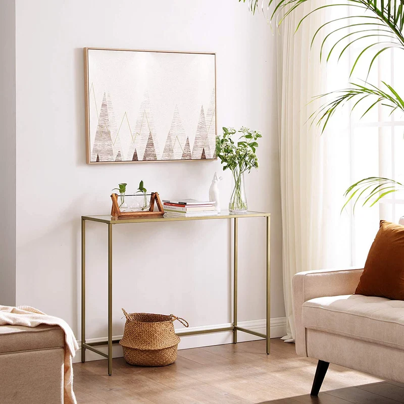 VASAGLE 39.4?¡ÀConsole Table Gold Tempered Glass Sofa Table Modern Entryway Living Room Table