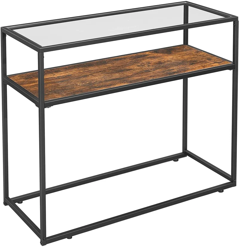 VASAGLE Konsolentisch, Beistelltisch mit Glasoberfl?che, Flurtisch, Sofatisch mit Ablage, Wohnzimmer, Flur, stabiles Stahlgestell, Hartglas, Industrie-Design, vintagebraun-schwarz LNT10BX