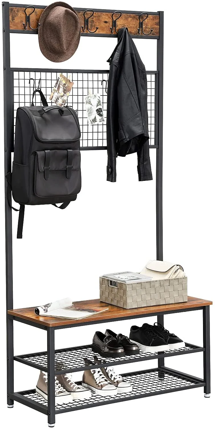 VASAGLE ALINRU Coat Rack, Entryway Shoe Bench Stand Storage Shelves Accent Furniture Steel Frame, Industrial, 36.2, Rustic Brown