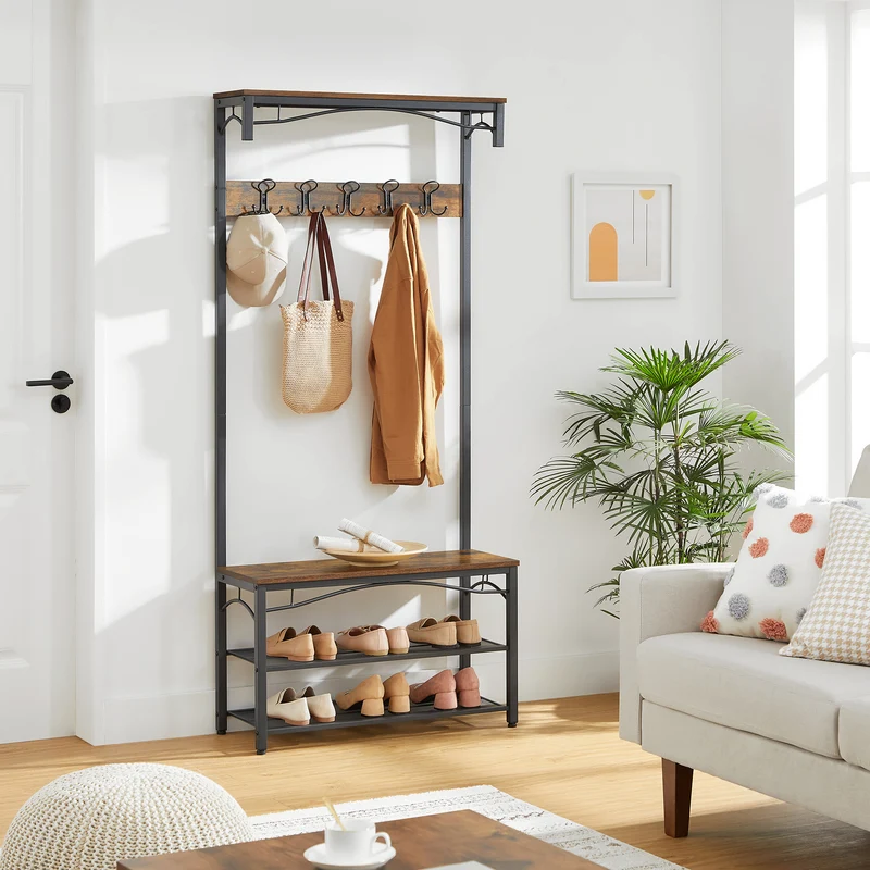 VASAGLE Alinru Hall Tree, with Steel Frame Large Size, for Entryway, Rustic Brown