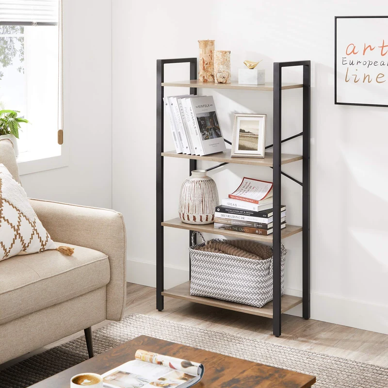 VASAGLE Bookshelf, 4-Tier Bookcase, Office Shelves, Greige and Black