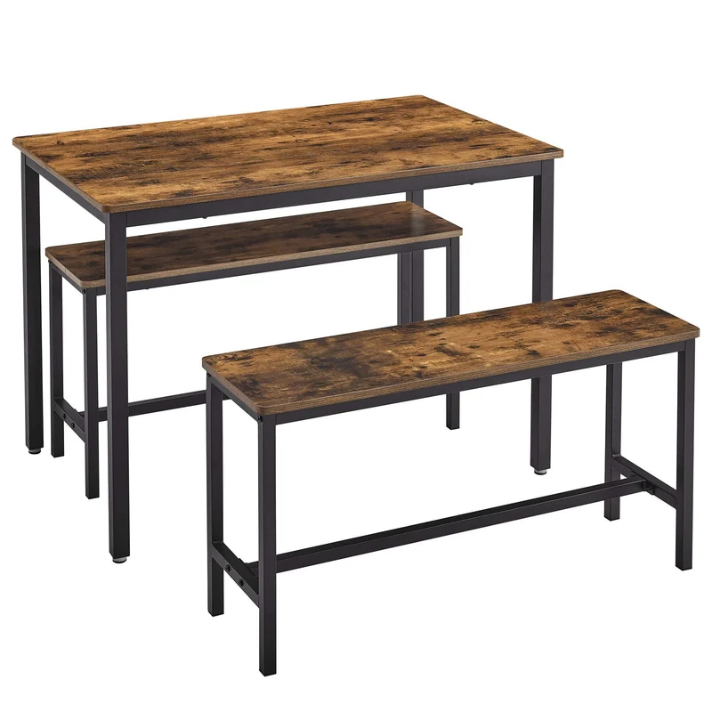 VASAGLE Dining Table Set with 2 Benches, 3 Pieces Set, Kitchen Table of 43.3 x 27.6 x 29.5 Inches, Bench of 38.2 x 11.8 x 19.7 Inches Each, Industrial Design, Rustic Brown and Black UKDT07
