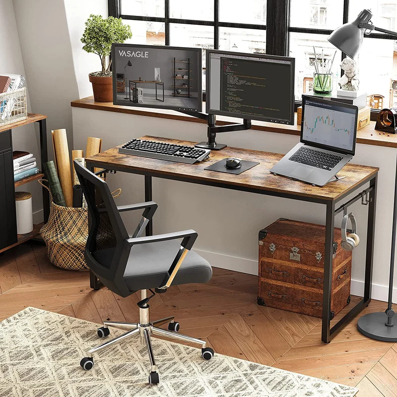 VASAGLE 55 Computer Desk Writing Desk Office Desk with 8 Hooks For Study Home Office Rustic Brown