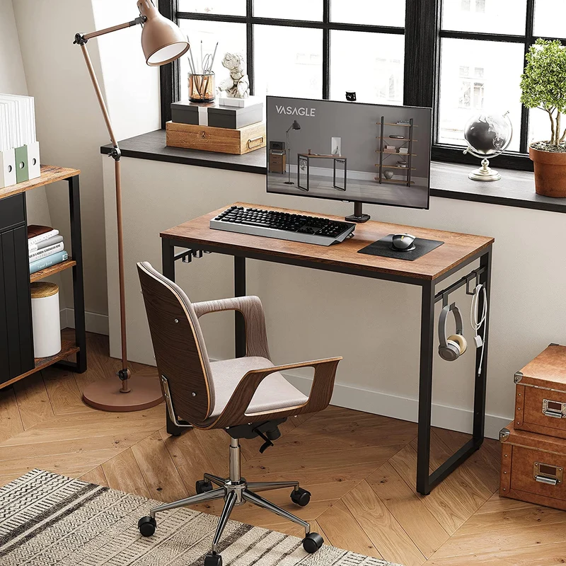 VASAGLE 55 Computer Desk Writing Desk Office Desk with 8 Hooks For Study Home Office Walnut Brown