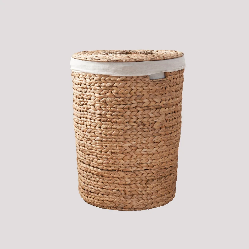 Ludmilla Round Tall Water Hyacinth Woven Wicker Laundry Hamper With Lid - For Clothes, Canvas, Toys and Book Storage With Removable Liner - 18" X 18" X 23" - Natural Brown