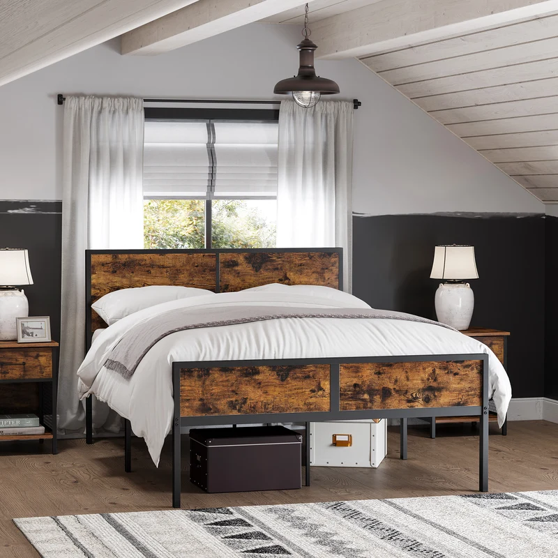 VASAGLE Full Size Metal Bed Frame, Industrial Style, Rustic Brown and Black