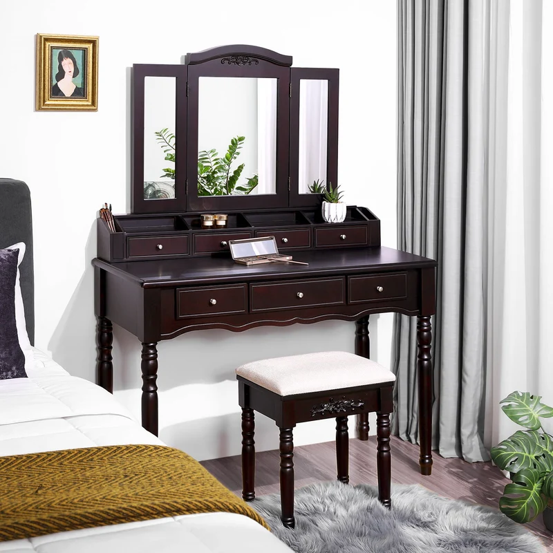 Vasagle Vanity Makeup Set with 7 Drawers, 2 Brush Slots and 4 Open Compartments, Dressing Table with Tri-Fold Necklace Hooked Mirror, Solid Wood Legs, Cushioned Stool, Dark Espresso