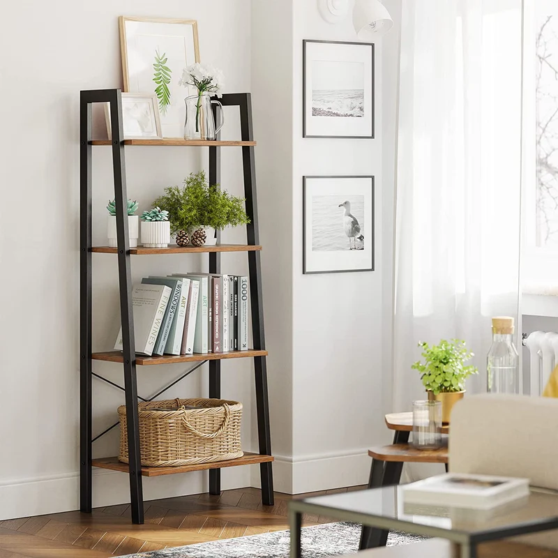 VASAGLE 4-Tier Ladder Shelf Ladder Bookshelf Bookcase Storage Rack with Steel Frame Rustic Brown and Black
