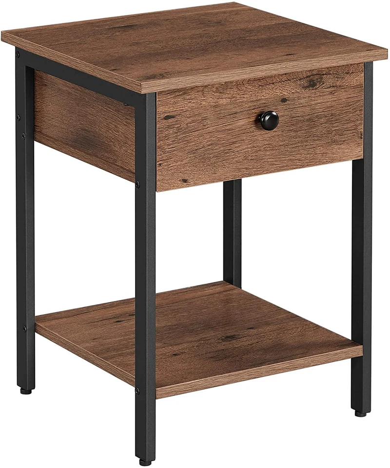 VASAGLE Side Table with Drawer and Shelf, Hazelnut Brown and Black
