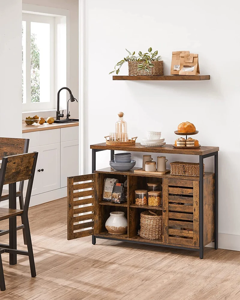 VASAGLE Buffet Cabinet Sideboard Storage Cabinets with Compartments Adjustable Shelves Rustic Brown and Black