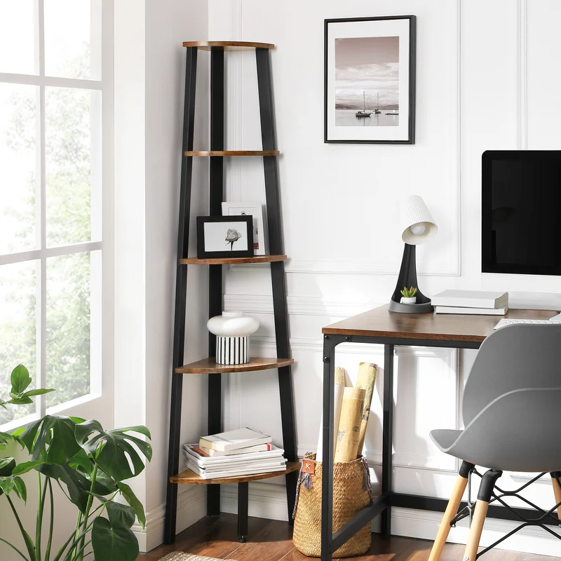 VASAGLE Industrial Bookcase, 5-Tier Corner Shelf, Rustic Brown