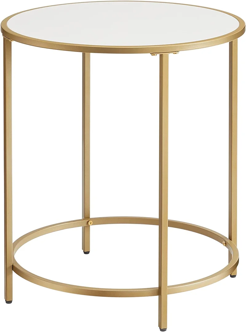 VASAGLE Round Side Table, End Table with Metal Frame,Gold and White