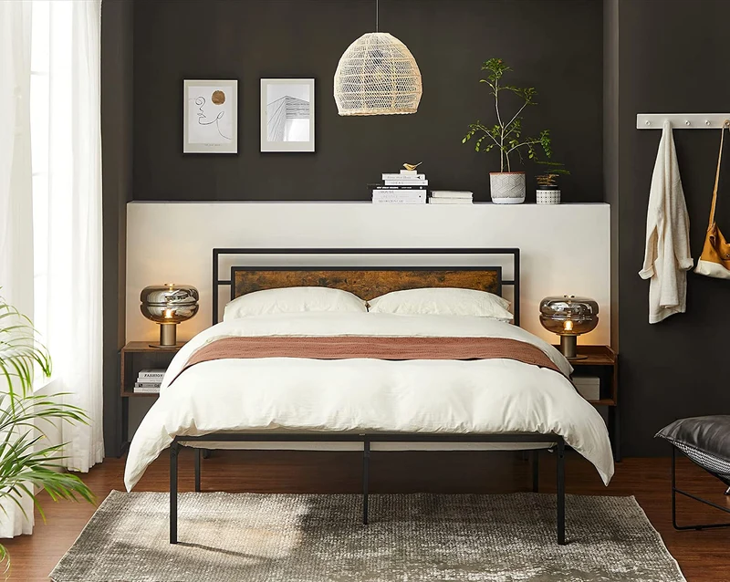 VASAGLE Full Size Metal Bed Frame with Headboard,Rustic Brown and Black