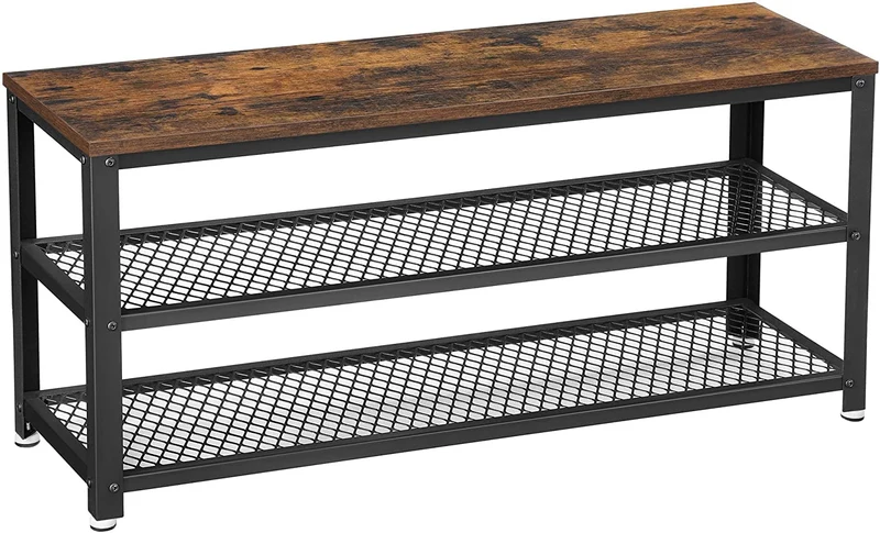 VASAGLE 39.4 '' Bench 3-Tier Shoe Rack inches 12 Pair of Shoes Shelves Shoe Shelf Storage Bench with Metal Mesh Shelves and Seat for Entryway Rustic Brown and Black