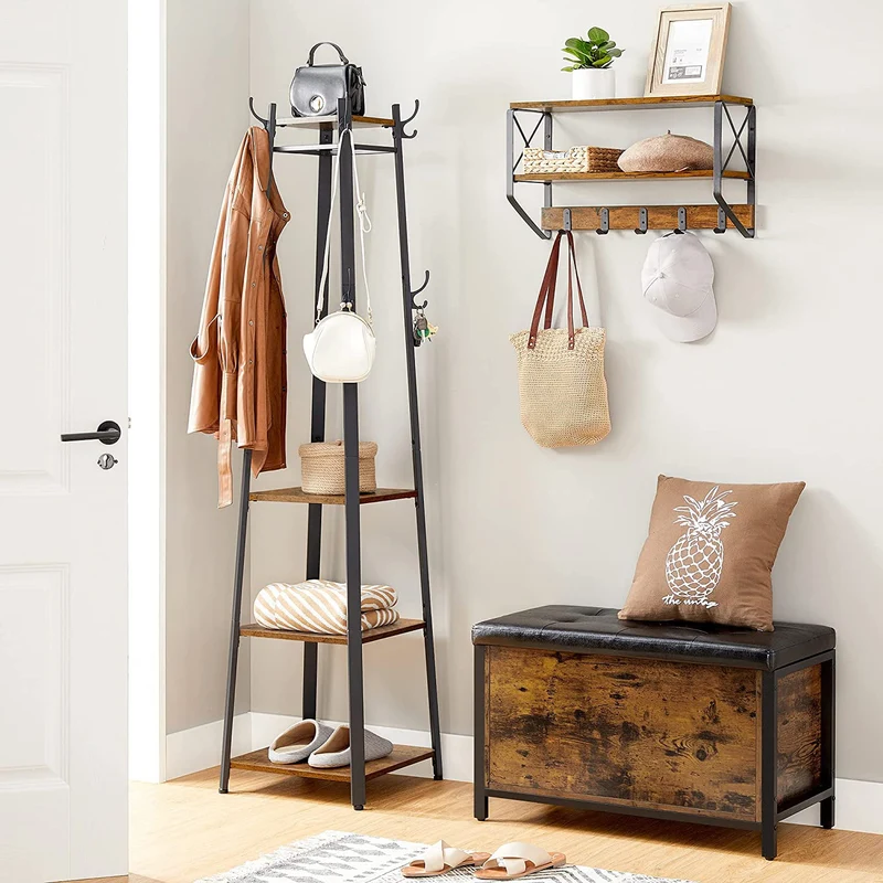 VASAGLE Coat Rack, Coat Stand with 3 Shelves, Rustic Brown and Black