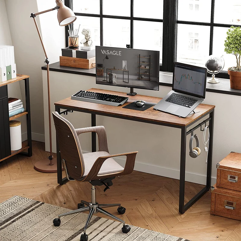 VASAGLE 47.2 Computer Desk Office Desk with 8 Hooks for Study Home Office Walnut Brown and Black
