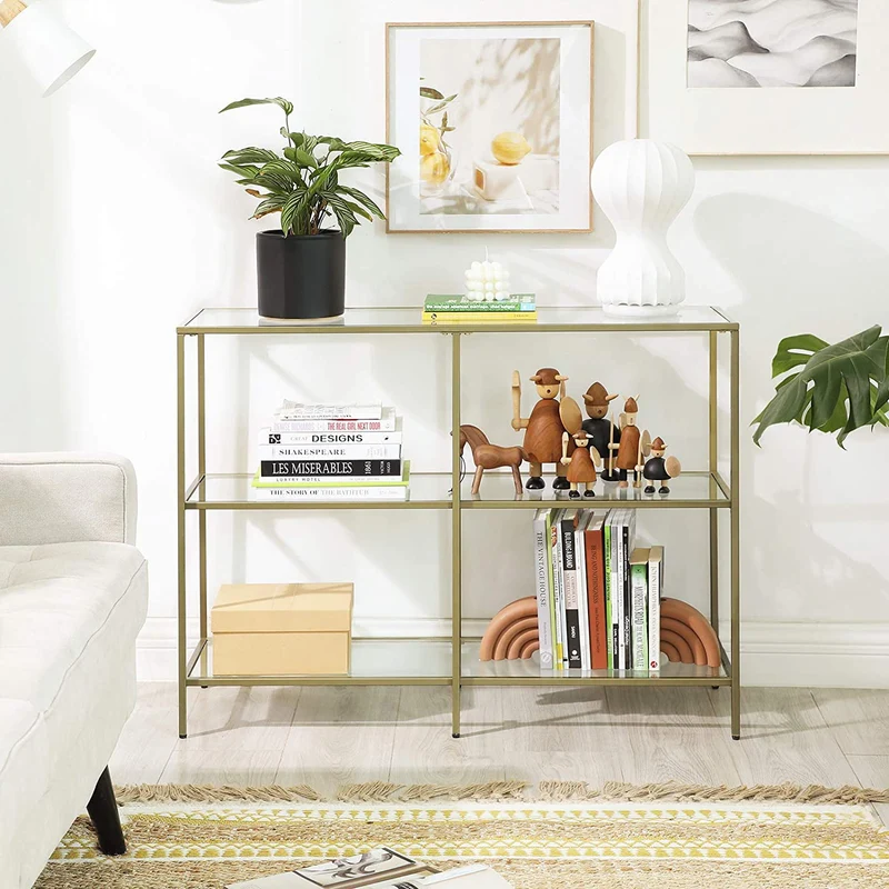 Vasagle 39.4 Console Table with 3 Shelves Metal Frame Glass Shelf for Living Room,Gold Entryway Table