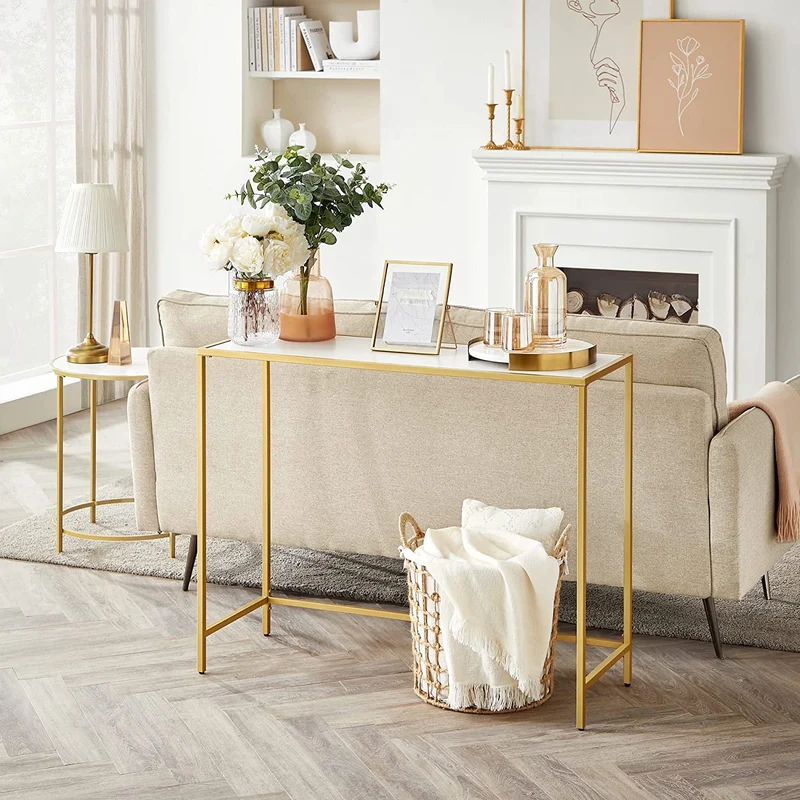 VASAGLE 39.4 Console Table, Slim Sofa Table,for Living Room, Golden and White