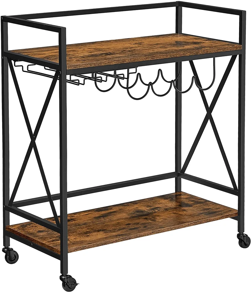 VASAGLE Bar Cart,Serving Cart,Mobile Kitchen Shelf with Glass Stemware Rack