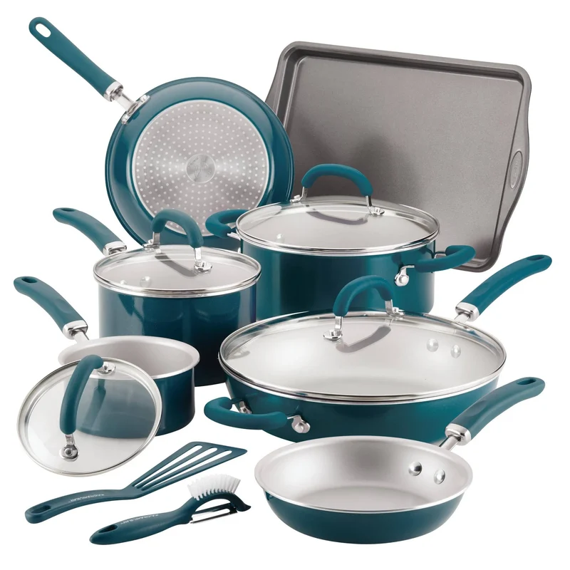 Rachael Ray Create Delicious 13pc Aluminum Nonstick Cookware Set Teal: Rust-Resistant, Silicone Handles, Glass Lids