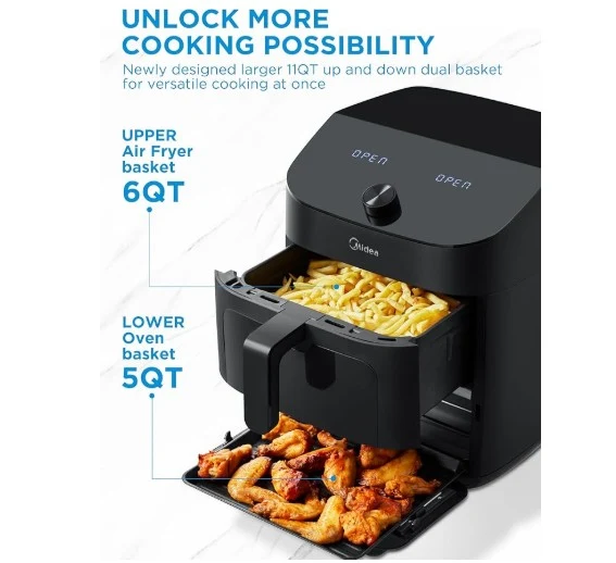 Friteuse à Air à Double Paniers Fonctions 8 en 1 de 11 Litres Midea MAD113MCAF [BOITE OUVERTE]