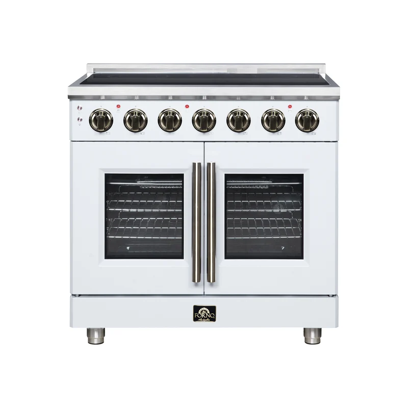 Massimo 36 Inch French Door Electric range, 5 radiant burners, 5.36 cf. True Convection oven, Air fryer kit, White