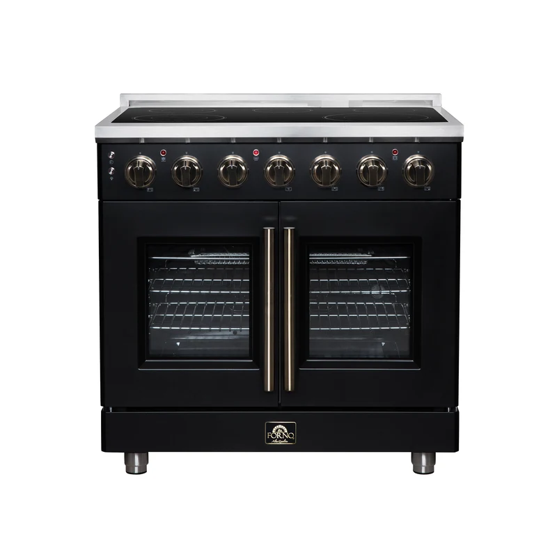 Massimo 36 Inch French Door Electric range, 5 radiant burners, 5.36 cf. True Convection oven, Air fryer kit, Black