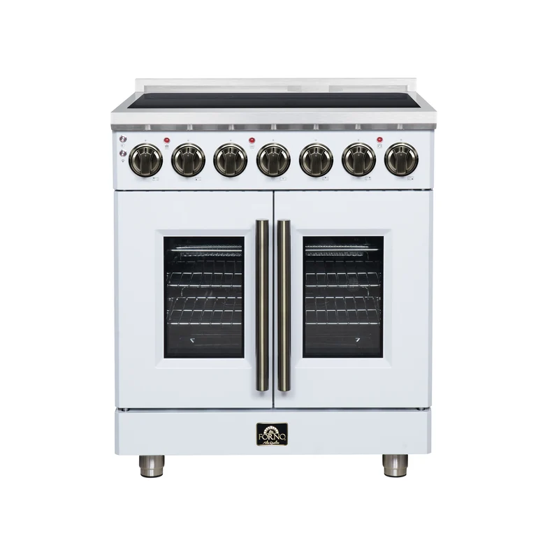 Massimo 30 Inch French Door Electric range, 5 radiant burners, 4.32 cf. True Convection oven, Air fryer kit, White