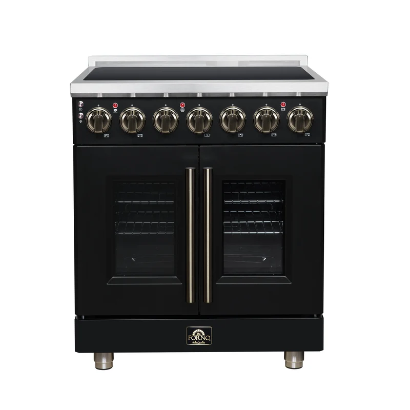 Massimo 30 Inch French Door Electric range, 5 radiant burners, 4.32 cf. True Convection oven, Air fryer kit, Black